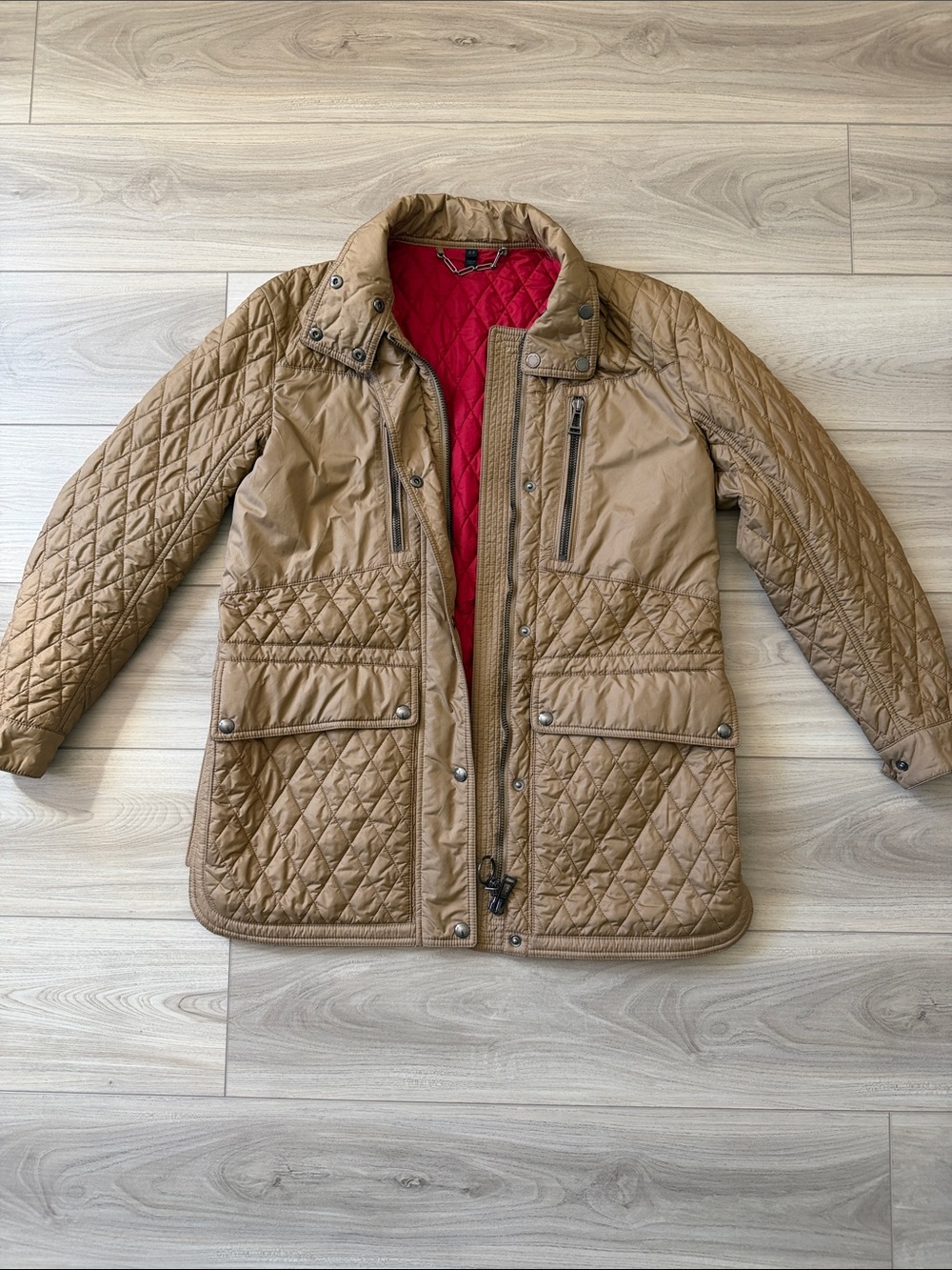 Belstaff Quilted Tan Utility Jacket with Red Lining